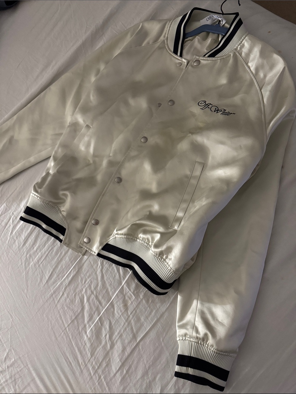 Off-White Satin Cream Bomber Jacket with Black Stripe Trim
